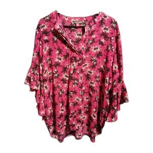 Vince Camuto Blouse Top XL Womens Floral Print 2 Button Rose/Black/White A25